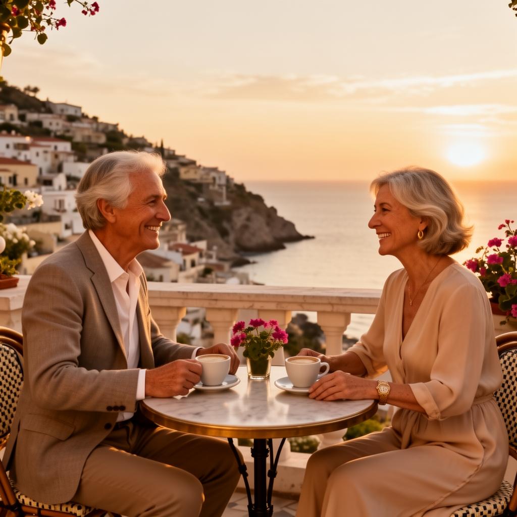 Pareja madura conociéndose en una terraza mediterránea